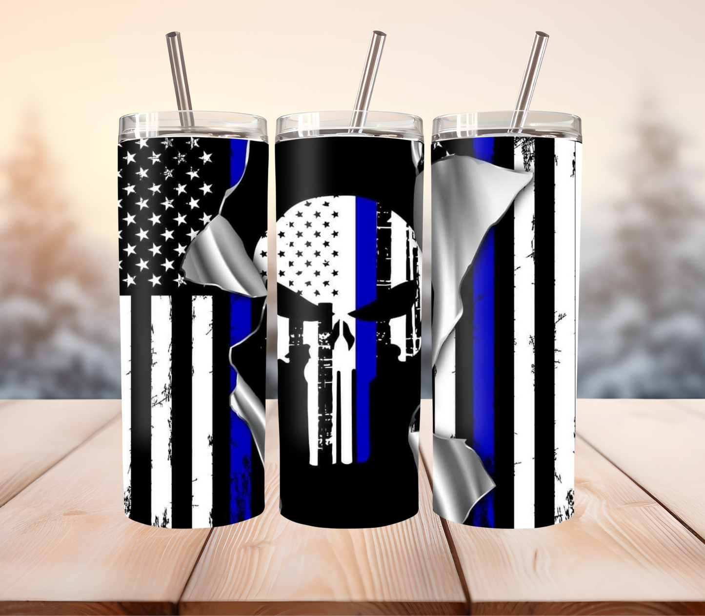 Skull with flag with back the blue line ￼ tumbler